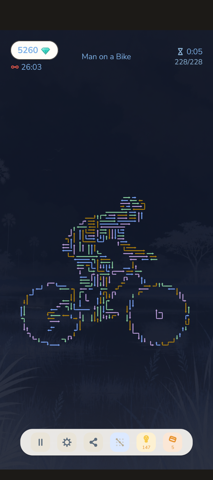 A Silhouettes puzzle shaped like a bicycle, arrows filling the outline of the shape