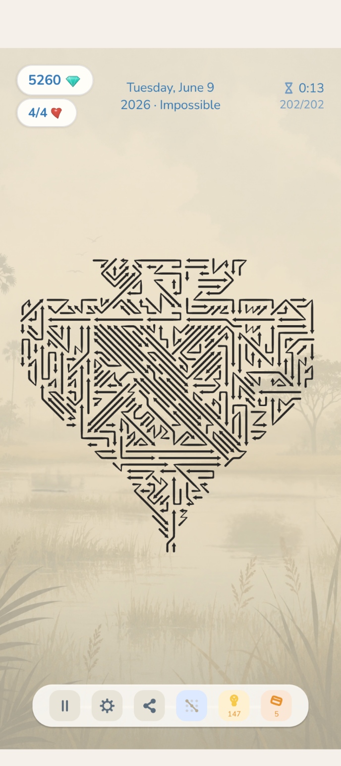 Daily Challenge gameplay, showing diagonal arrows on the board