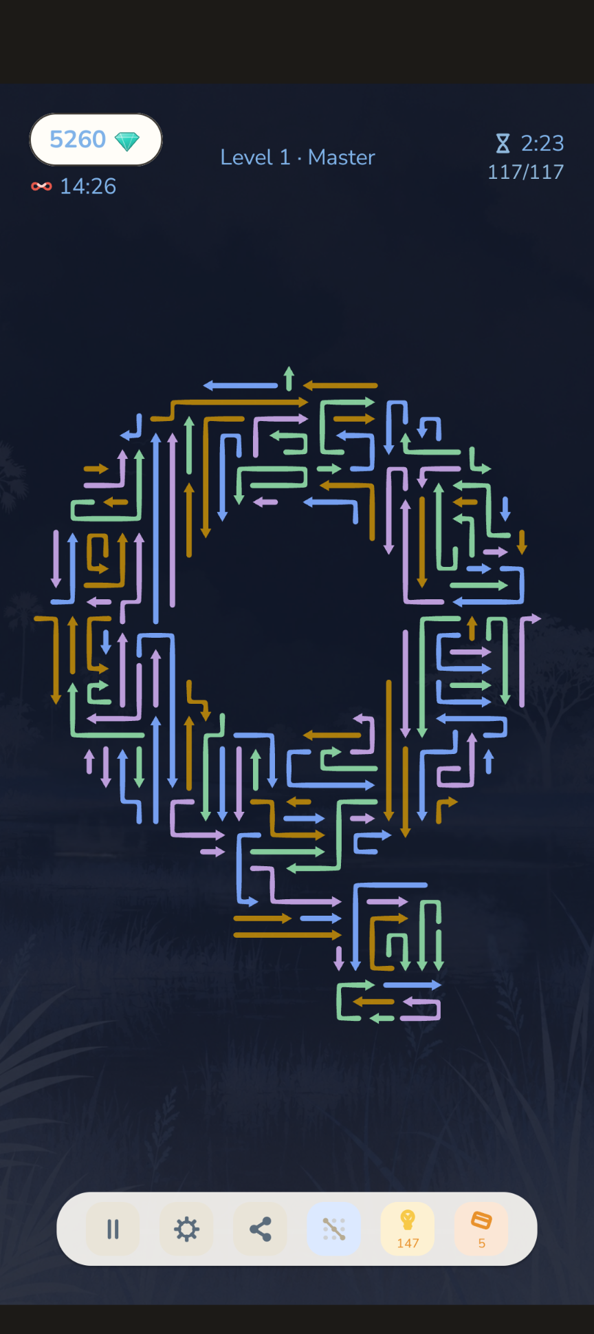 Dark mode gameplay, showing a colour arrow puzzle