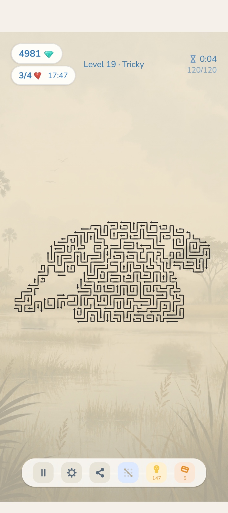 Tangled mode gameplay, showing arrows woven into a dense freeform shape