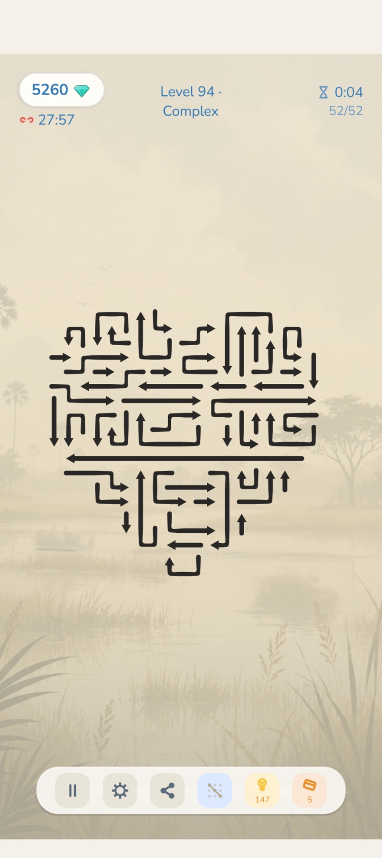 Zen mode, a heart-shaped board of black arrows